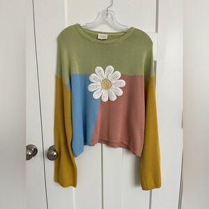 Daisy Crochet Flower 100% Cotton Sweater Colorblock Boho Cottagecore Knit Top S
